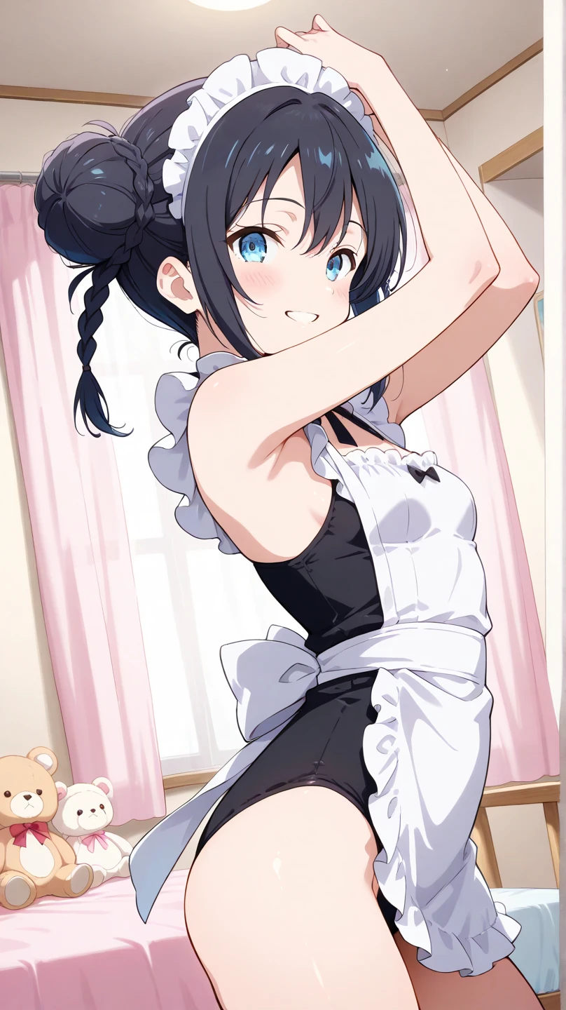 (anime style),masterpiece, best quality, extremely detailed,tanned skin,13yo gal,dark skin Beautiful body,flat breasts,BREAK,multicolored dark Purple hair,little side ponytail,short hair with long locks,BREAK,red eyes,naughty smile,shy,open mouth,eyes widen,smile face,detailed lips,False eyelashes,BREAK,cotton red big ribbon,BREAK, yellow leotard,bridal gown,leaning_forward,break,head tilt,looking back,back_Angle,hip on GLAS,