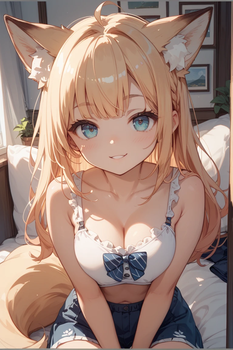 Ayaka,((golden hair)), fox ears,beautiful face,smiling, moderate breast,laying on a bed,wearing white sleepwear, (open mouth:0.4),illustration,detailed textures,ultra-detailed(realistic),portrait style,vivid colors,soft lighting. sweaty,  full body, wet clothes 
