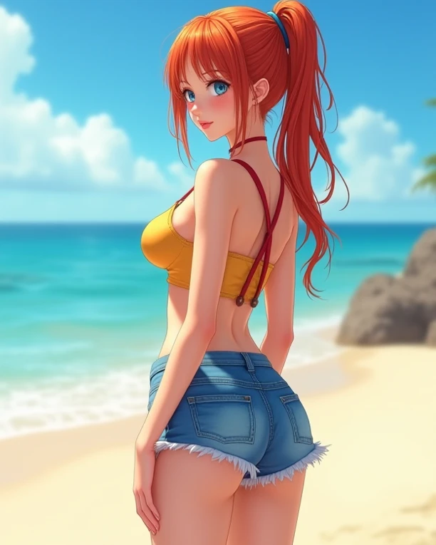 (masterpiece), best quality, expressive eyes, perfect face, detailed hands, detailed anatomy, perfect anatomy, nami, Orange Hair, From Behind, skinny jeans, beach background, big ass, detailed background, one girl, hentay style, sexy pose, 1 girl, solo