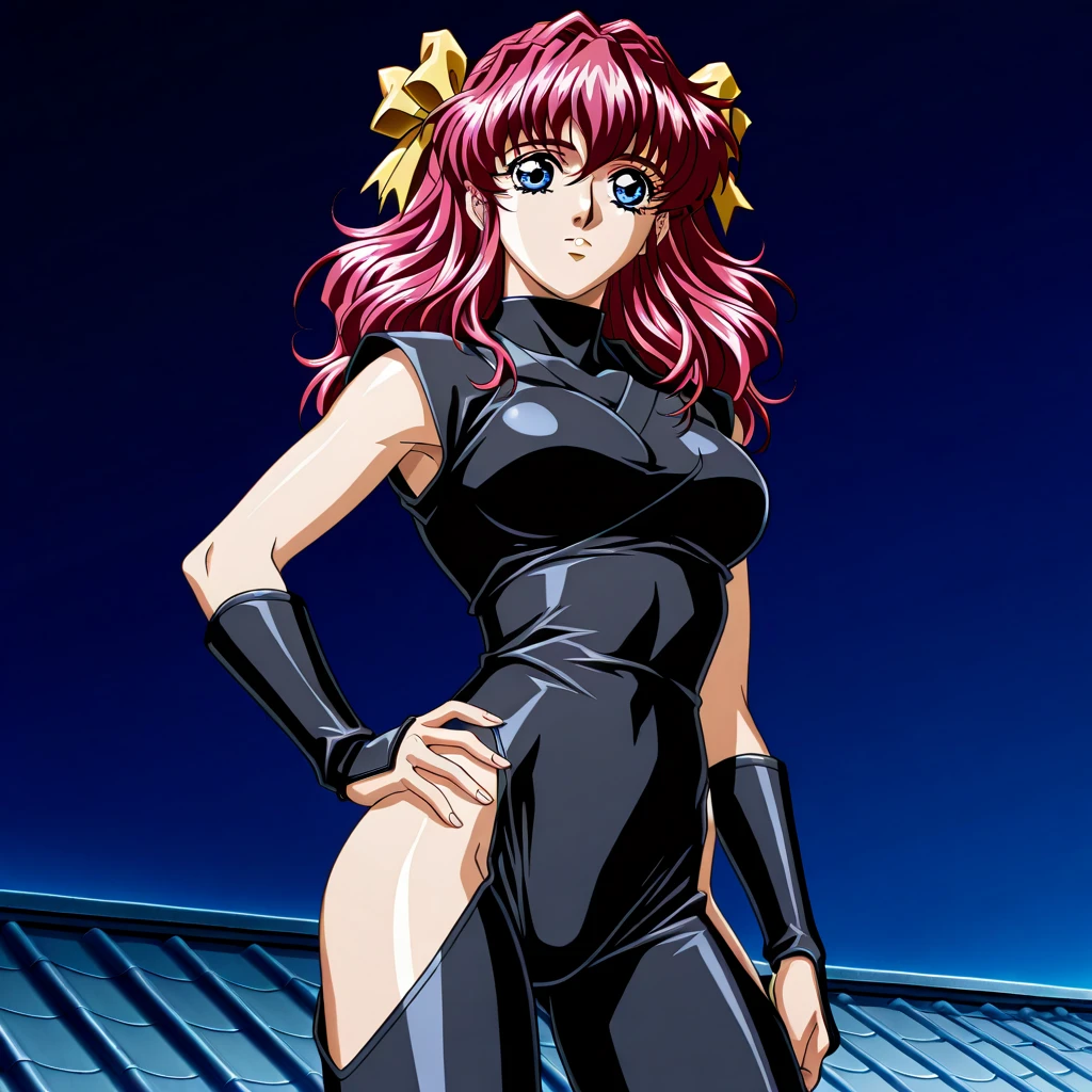 masterpiece,best quality,solo,outdoors,
<lora:jungfreud001:0.7>,looking at viewer,smirk,
jungfreud,1girl,
short hair,ponytail,wavy hair,red hair,blunt bangs,green eyes,
short sleeves,red leotard under clothes,
wristband,
cowboy shot,