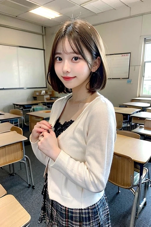 ((Best of the highest quality, 8k, Masterpiece: 1.3, raw photo)), Sharp focus: 1.2, (1 AESPA girl: 1.1), (Solo: 1.18), (realistic, photo-realistic:1.37), face focus, cute face, (Small breasts, flat chest, Thigh: 1.3), messy short hair, updo, Girls' High School uniforms, Like a Kissing face, flower, cinematic lighting, classroom