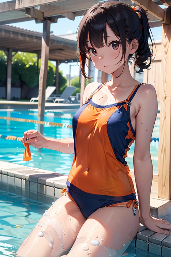 Orange swimsuit((Orange camisole,Navy blue piping),(Soaked with slimy liquid)),(Navy blue shorts),(A pool of slippery lotion),(Soaked with slimy liquid),Black Hair,Are standing,One beautiful girl