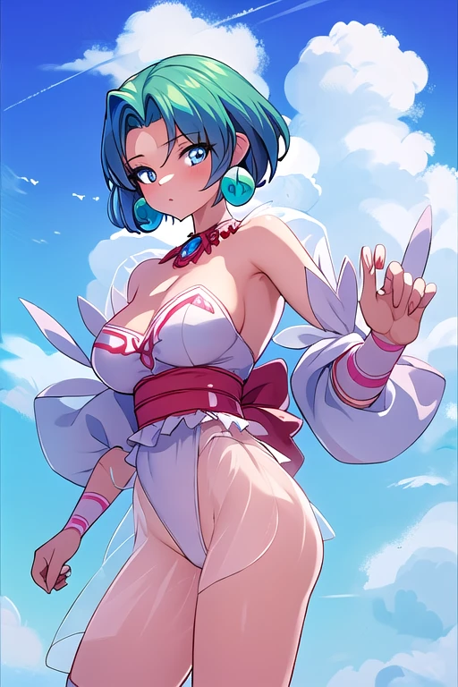 ((masterpiece)), ((best quality)), (detailed), perfect, solo, great fairy, gorgeous woman with large breasts, luscious lips, short hair, huge breast, deep cleavage, huge breasts, sexy, Bulma from dragon ball z