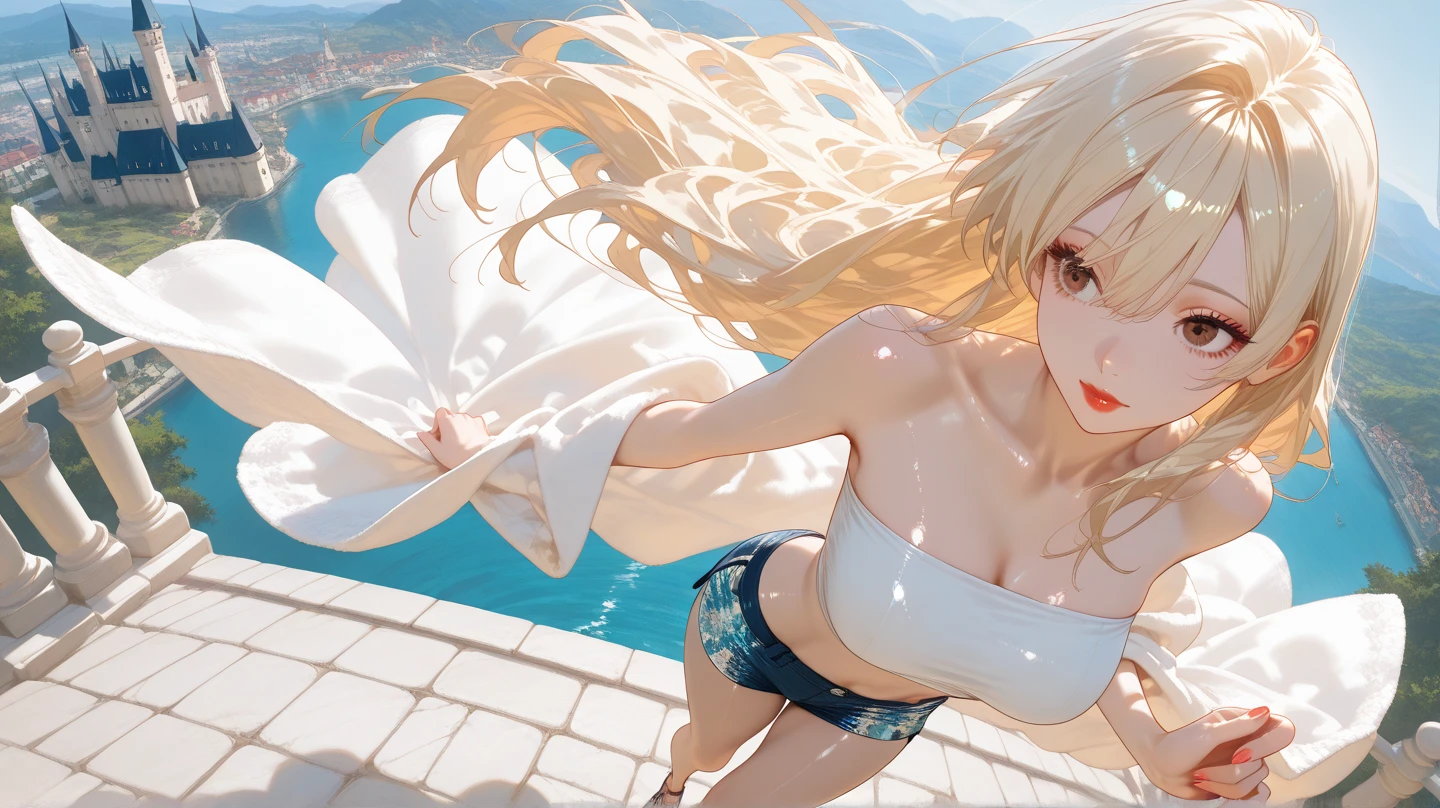(((Top quality, 4k, 8k, high resolution, masterpiece: 1.2))), (super detailed), (realistic), (photorealistic), (photorealistic: 1.37), (HDR, UHD), (studio (lighting)), ultra-fine drawing, sharp focus, physically based rendering, highly detailed, professional, vibrant colors, perfect ditaile hand, highly detailed realistic eyes, anime, kawaii, qute, (((night, late night, dark, moonlight))), forest, deep forest, small lake,(((One Woman, one girl))), (((to enter a lake, to enter the water, to wad up to one's waist in water))),(((back turned, look back))), looking at viewer, Blonde, Long Hair, Elf Ears, (((White tank top, Wet and transparent tank top, White running shorts, wet and see-through running shorts))), (((hair wet, Naked wet))), (((Long shot, Distant view))),