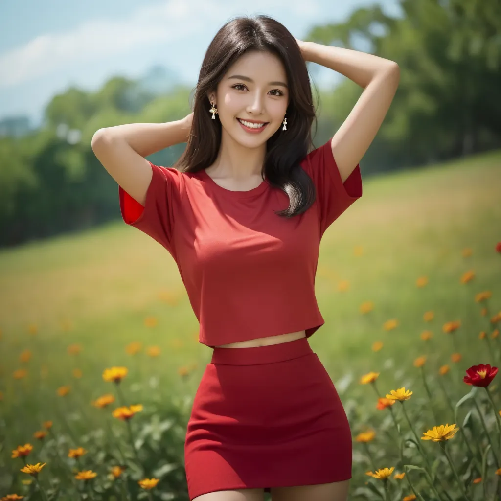 Asian woman arafed in a white shirt and red skirt posing for a photo, beautiful south korean woman, Korean girl, gorgeous young korean woman, beautiful young korean woman, Chinese girl, korean woman, beautiful Asian girl, young and cute girl, young Asian girl, attractive woman, Asian girl, Cute Girl, beautiful female model, cute woman, Young Asian woman wearing black and red silk clothes, Sporty,a close up of a woman in a red shirt and black shorts, Wear a volleyball shirt.,  Red dress, Sporty, Cute sportswear, red and black, sexy outfit, Japanese model, Professional sports style, irelia, Black and Red only, Look sexy, red sports clothes, wearing shorts, red shirt, handsome style,Malaysian