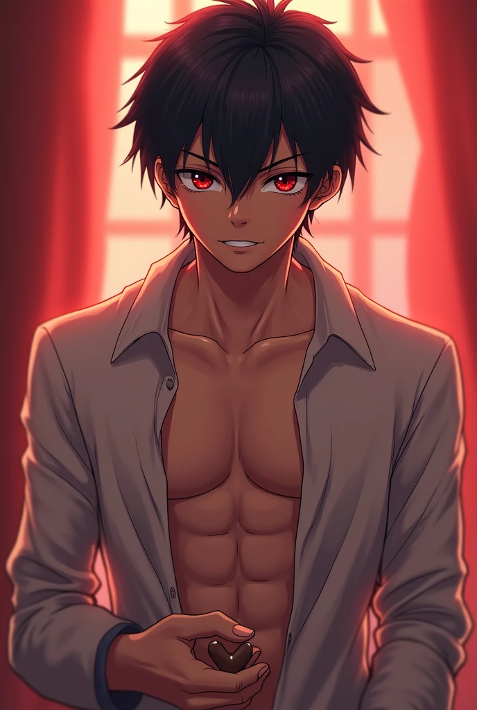 Anime Male, black fluffy hair, No shirt, No pants, in his room, cold hearted, red eyes