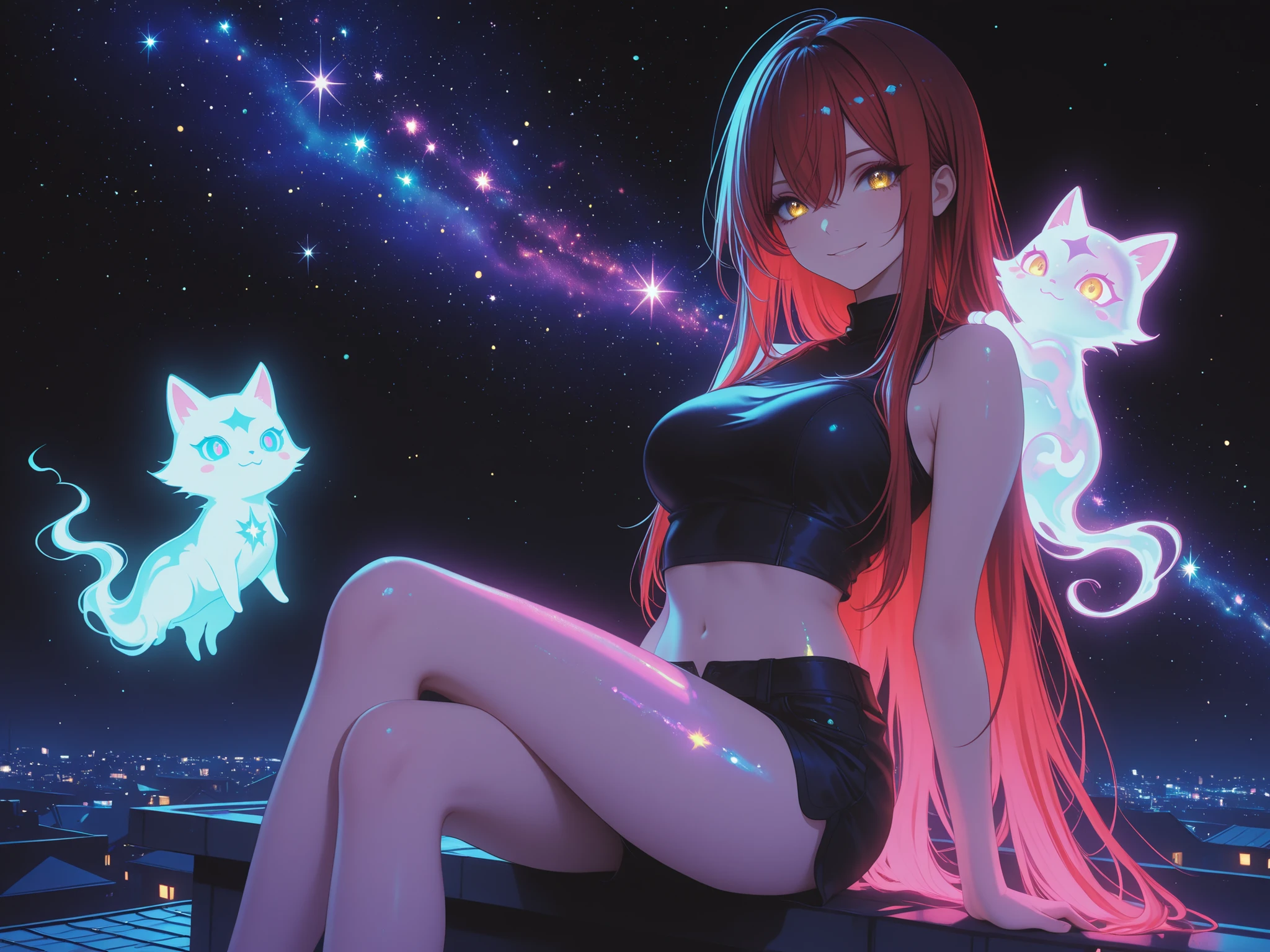 1 girl , golden eyes , very long hair , long sidelocks, red hair , petite , very cute , beautiful ,Straight hair, cool, handsome, hair between eyes, mediumlarge breast, cute eyes, bare shoulders, hoddie, shorts, cute, smiling, (( one cute little shadow cat, spirit sitting on shoulder, )), sitting on a rooftop, soft, pastel, purple neon aesthetic, neon colors, glowing, glow effect, vibrant colors, high contrast, fluorescent, luminescence, light effects, chromatic lighting, colorful lighting, bright outlines, neon lineart, dark background, digital art, black background, starry night,