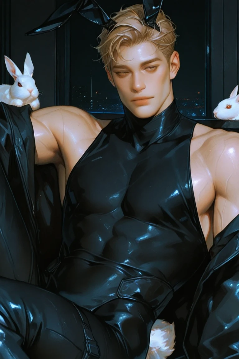 full view full body, A blond teen-ager boy with clean undercut haircut, silver rings and jewelery, wearing shiny orange rubber suit and white 'Heron Preston' socks, lying on couch in his luxurious living-room of his manor. His white socks must be seen