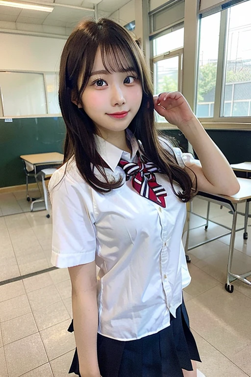 1 Girl, alone, Japanese girl, 14 years old,Junior high school classroom、(Highest quality, Realistic, High resolution, 8K, Very detailed, Detailed face, Shiny skin), Japanese , Collared shirt, White shirt, Red ribbon, Black Hair, ragged bangs, ponytail,Gazing into the distance,Young face、Are thin、Slim figure、slender、Short、 System、((Lots of sweat))、Navy blue checked skirt、Nice thighs、Are standing,Photographed from the front、The best smile、Showing teeth、Uplifting、