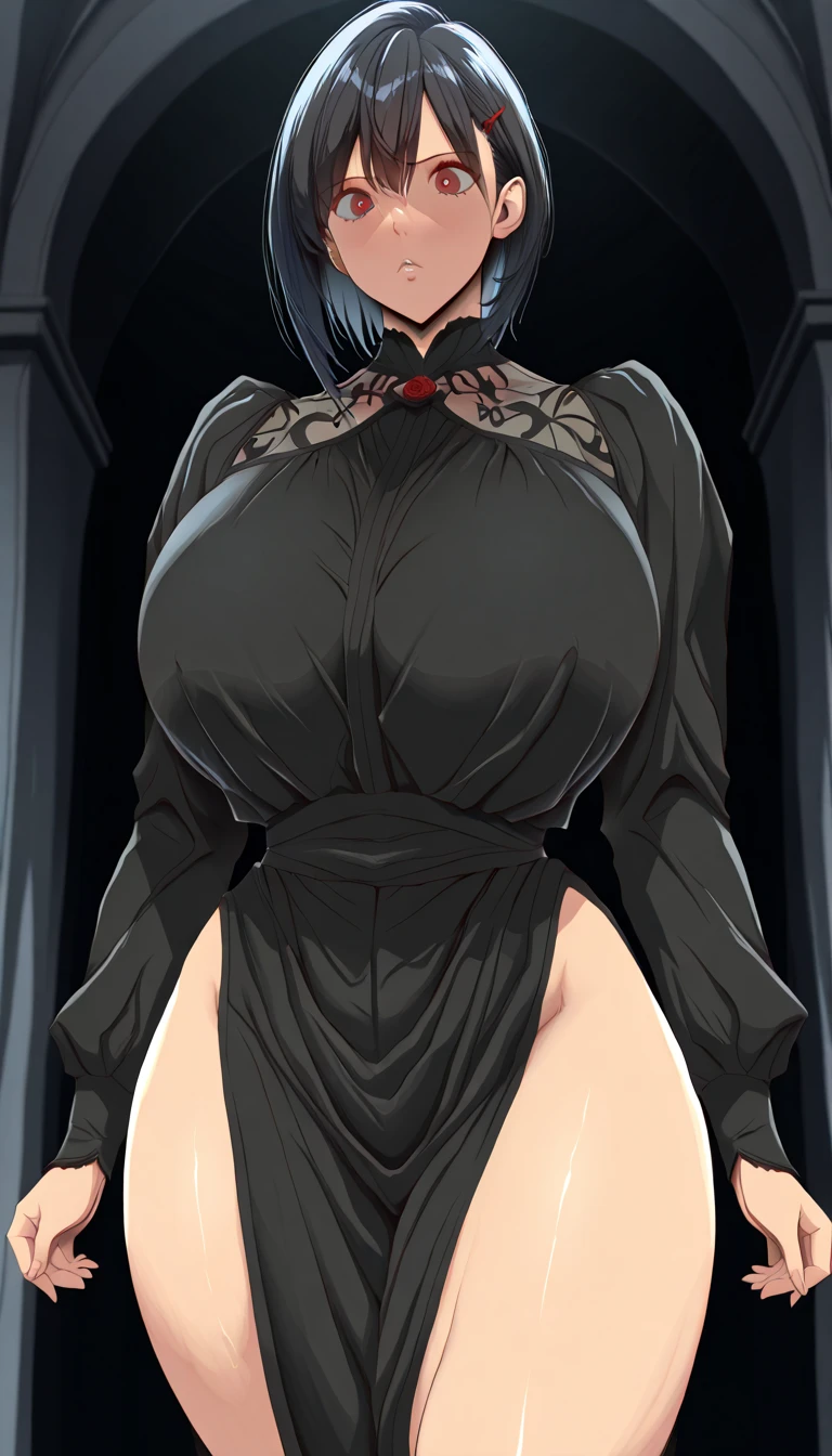 iom, 1girl, solo, ((monochrome)), greyscale, (large breasts:1.6), short hair, black hair, dress, full dress, looking at the viewer, female focus , smile, lines rich in thickness variation, anime girl with red glasses and a red dress, discord profile picture, artwork in the style of guweiz, guweiz, high quality portrait, 2 b, 2b, persona 5 art style wlop, detailed fanart, pixiv, from arknights, digital art on pixiv, trending on artstation pixiv, pixiv style