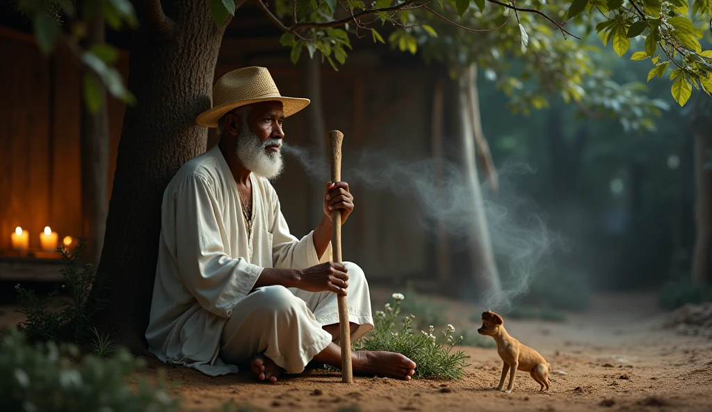 Photorealism 1.4 realistic realism high detailed definition  Malaysia native aboriginal orang asli old man sitting and smoking wear short shirtless dark skin puppy beside evening mode curly messy hair dark skin necklace and hand accessories from rattan