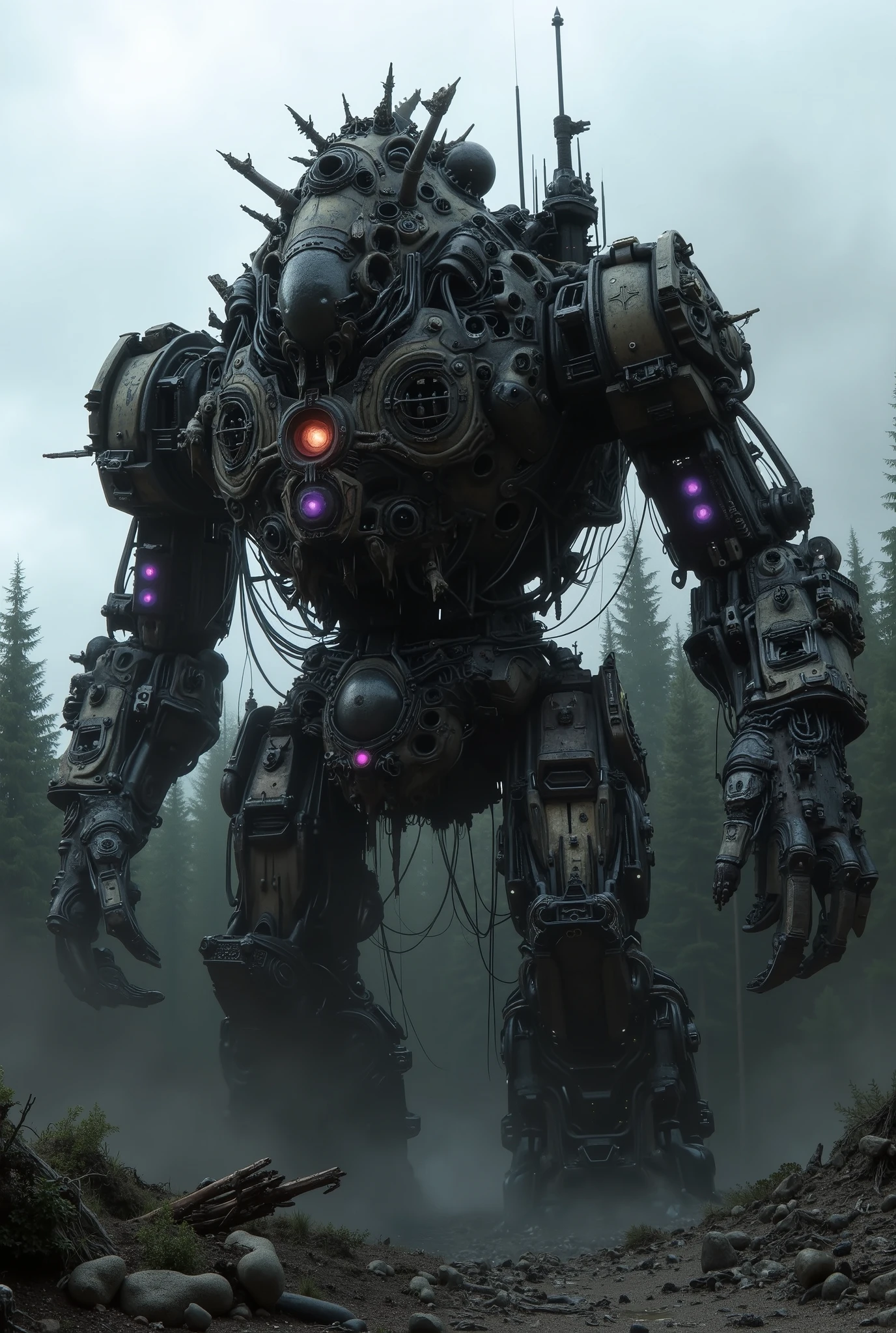 military robot like a tank、(1.5)、(An intimidating feeling like a chariot:1.5),(wacky, perverted, and bizarre design without a head:1.5),(the dark dark metallic body is rusted:1.5)、(Total height 50mRobot 1.tanding in the fog of the forest、(A robot with a very creepy atmosphere:1.5),(12 large reactors that glow purple are concentrated in the center of the main body:2.0)、heavy and intimidating robot、(wacky, perverted, and bizarre design without a head:1.5)、Extremely Huge Robot、A is looking up at the robot、(There are extremely organic parts:1.5),(One huge plasma cannon that discharges sticks out in the center of the body:1.5),