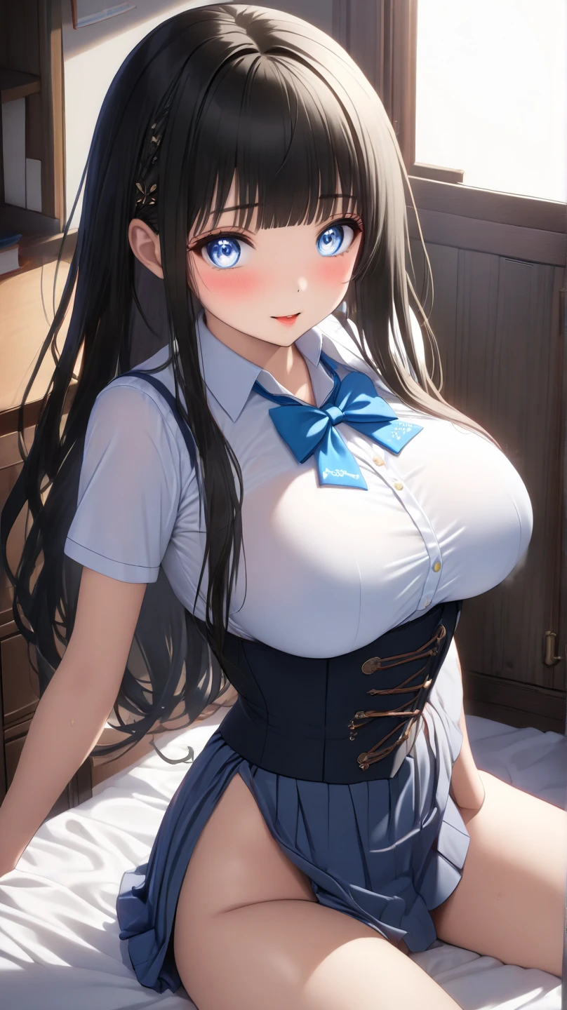 (masterpiece, best quality:1.2),illustration,8k,hd,1girl,solo,upper body,(portrait:1.2),takao \(kancolle\),black hair,red eyes,short hair,large breasts,long sleeves,hat,black gloves,black thighhighs,miniskirt,blue skirt,military uniform,beret,garter straps,blue jacket,blue headwear,pencil skirt, panty shot