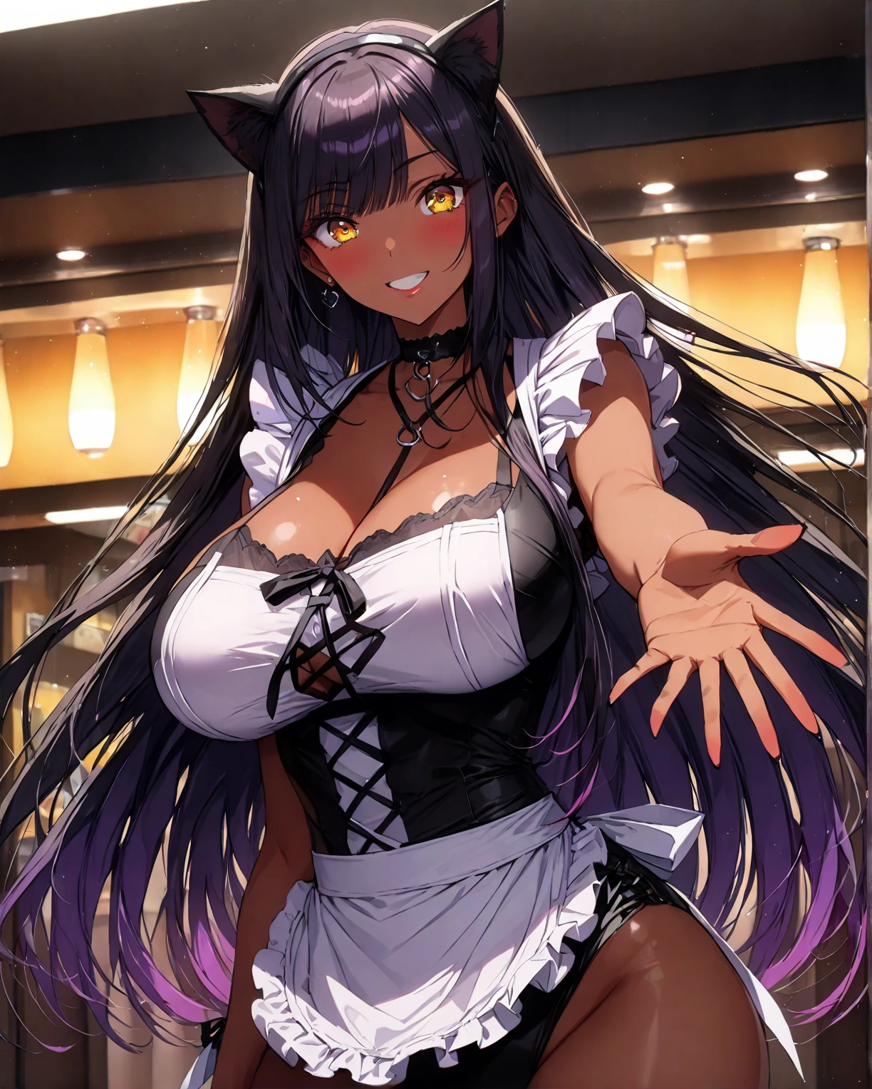 Masterpiece, best quality, (night at restaurant), long black hair, ponytail, beauty purple eyes, ((purple dress with long purple glove)), big tits, opened chest, facing on you, blushing, little smile, dark skin, earring, chokers, (romantic dinner), warm lighting