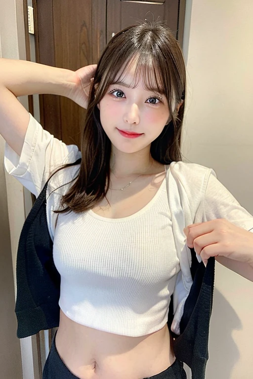 highest quality, shape, Very detailed, finely, High resolution, 8k wallpaper, Perfect dynamic shape, Beautiful and detailed, Summer clothes,Medium Hair,Natural color lip,smile,20-year-old girl、Midnight、Beautiful and elaborate face、Perfect and beautiful face、Slim face and figure,spread your arms wide,Big eyes,Take a photo with your face raised from below your knees、Small face、Beautifully detailed face、Perfect and beautiful double eyelids、Big cleavage、Long, Slender legs、One Woman、gravure、Skinny jeans、Watching the audience、runVery long hair, Blushing, 