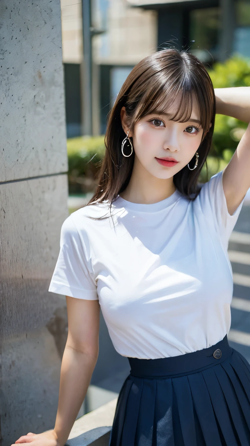 Canon RF85mm f/1.2,masterpiece,best quality,ultra highres,1 girl,(korean mixed,kpop idol:1.2),solo,shiny_skin,very white skin,black eyes,necklace,brown hair,red lips,long hair,eyelashes,wavy hair,bangs,make-up,shiny lips,shiny,Pore,skin texture,jewelry,bracelet,big breasts,((Striped_tee:1.5),(Skinny jeans:1.4),(Urban_park_background:1.3))