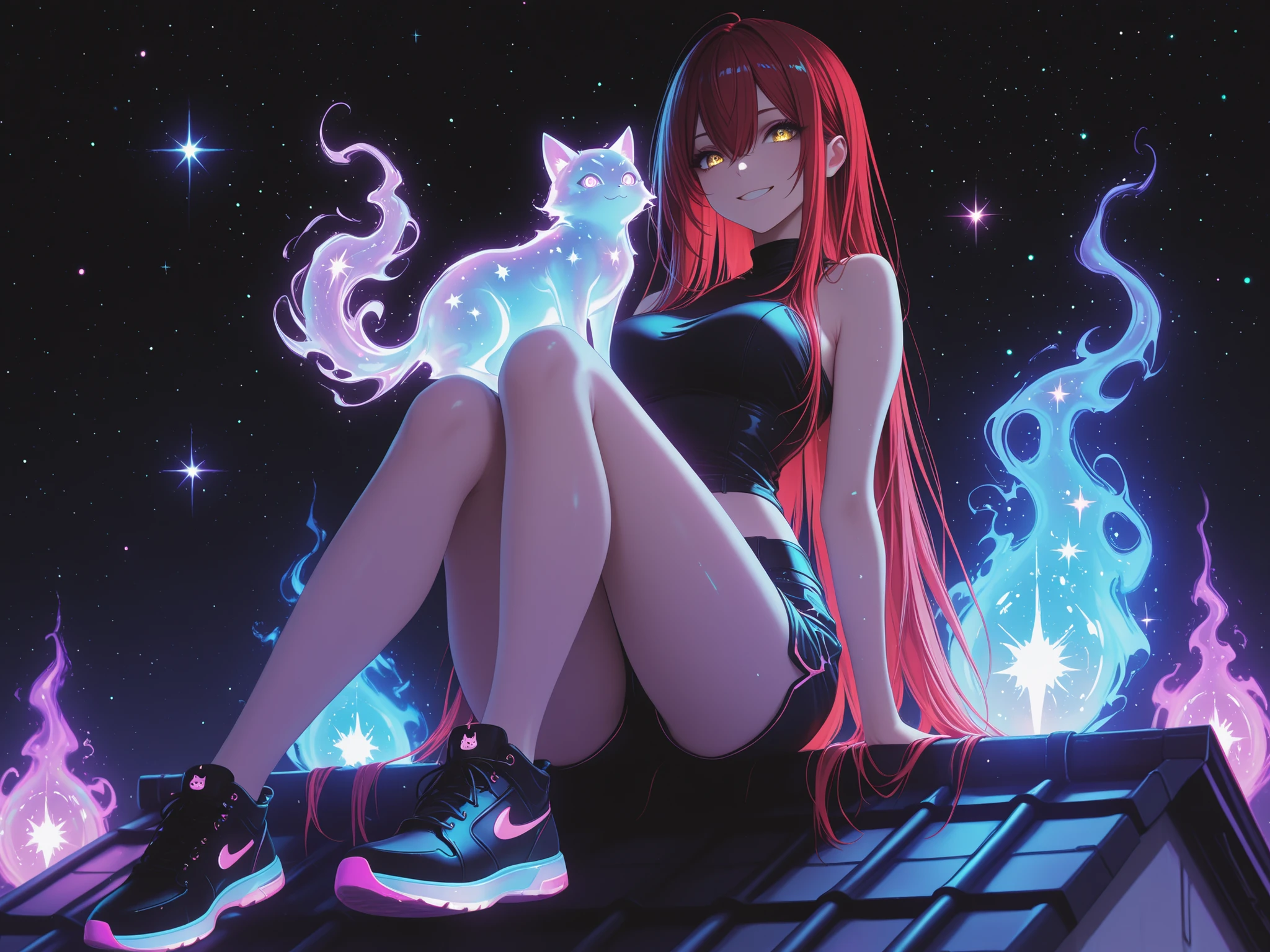 1 girl , golden eyes , very long hair , long sidelocks, red hair , petite , very cute , beautiful ,Straight hair, cool, handsome, hair between eyes, mediumlarge breast, cute eyes, bare shoulders, hoddie, shorts, cute, smiling, (( one cute little shadow cat, spirit sitting on shoulder, )), sitting on a rooftop, soft, pastel, purple neon aesthetic, neon colors, glowing, glow effect, vibrant colors, high contrast, fluorescent, luminescence, light effects, chromatic lighting, colorful lighting, bright outlines, neon lineart, dark background, digital art, black background, starry night,