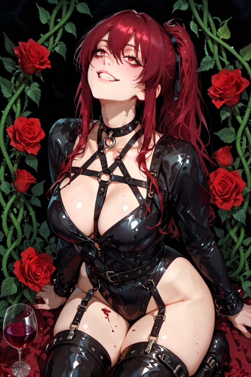 1 girl, demon girl, sexy dress, beautiful detailed eyes, extremely detailed face, long eyelashes, seductive expression, gothic,dark colors, 8k, highest quality, masterpiece, sexy fur outfit, smirking, embarrassed,cum all over her body, visible pussy,cum on her face, cum dripping from her breast, speeding legs to show her pussy, lying on a bed of roses, wearing sexy glasses , pink heir