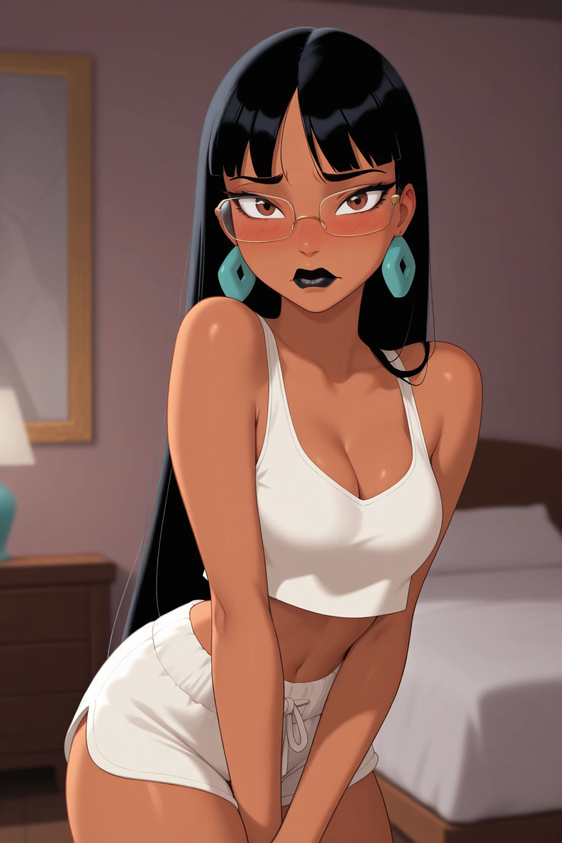 8k, masterpiece, RAW photo, highest quality, realistic, Highly detailed CG Unity 8k wallpaper, Depth of the bounds written, cinematic light, Lens flare, ray tracing, silk and lace short nightgown (very beautiful face, beautiful lips, beautiful eyes), face with intricate details, ((highly detailed skin)) 1 girl, whole body, medium chest, in the dark, deep shadow, cute korean girl, K-POPアイドル,(Very slim and slender fit muscular body), ((looking at the viewer)),(big smile), (fashion city night, (neon sign), (blurred background), midnight, (Vacant cities), (with no people in the background), cute korean girl, white diamond earrings, diameter bracelet, diamond necklace, clear eyes, walk , front shot, (white skin), look forward, (Big eyes), ((whole bodyショット)), (In underwear), ((thin fabric panties)), (camel toe, shape), ((thin fabric bra)), (ponytail), ((standing pose)) ((one finger pointing forward)),perfect anatomy