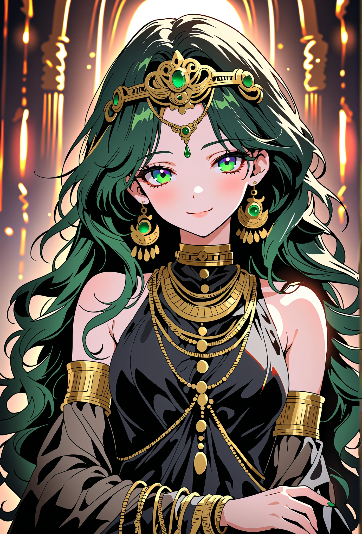 score_9, score_8_up, (masterpiece, top quality, best quality, official art, beautiful and aesthetic:1.2), (8k, best quality, masterpiece:1.2), (((masterpiece))), (((best quality))), (((extremely detailed))), illustration, (masterpiece, top quality, best quality, official art, beautiful and aesthetic:1.2), (8k, best quality, masterpiece:1.2), see-through, source_anime, 1girl, adult, ((green hair)), green hair, ((intimidant look)), ((close-up)), green eyes, black clothes, sexy, dark colors, brillant eyes, ((wavy hair)), perfect hands, ((intimidant look)), good anatomy, ((dark clothes)), emotionless, intimidant, ((beautiful eyes)), close up, ((detailed eyes)), beautiful eyes, ((detailed face)), frontal look, smile, detailed face, diadema, full body