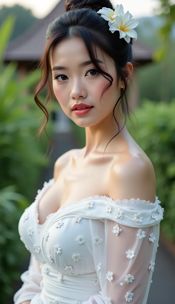 Fashion model 16 years old [[[[closeup cleavage]]]], [[[[boobgasm]]]], [[[[coll]]]], [[[[bshoulders]]]], perfect  eyes, Perfect iris，Perfect lips，perfect teeth，Perfect skin，with fair skin，Long face，Soft front light，hdr，Movie girl，Casual，swing，The background is outdoors，Green trees and flowers，（pastel colour：1.2）