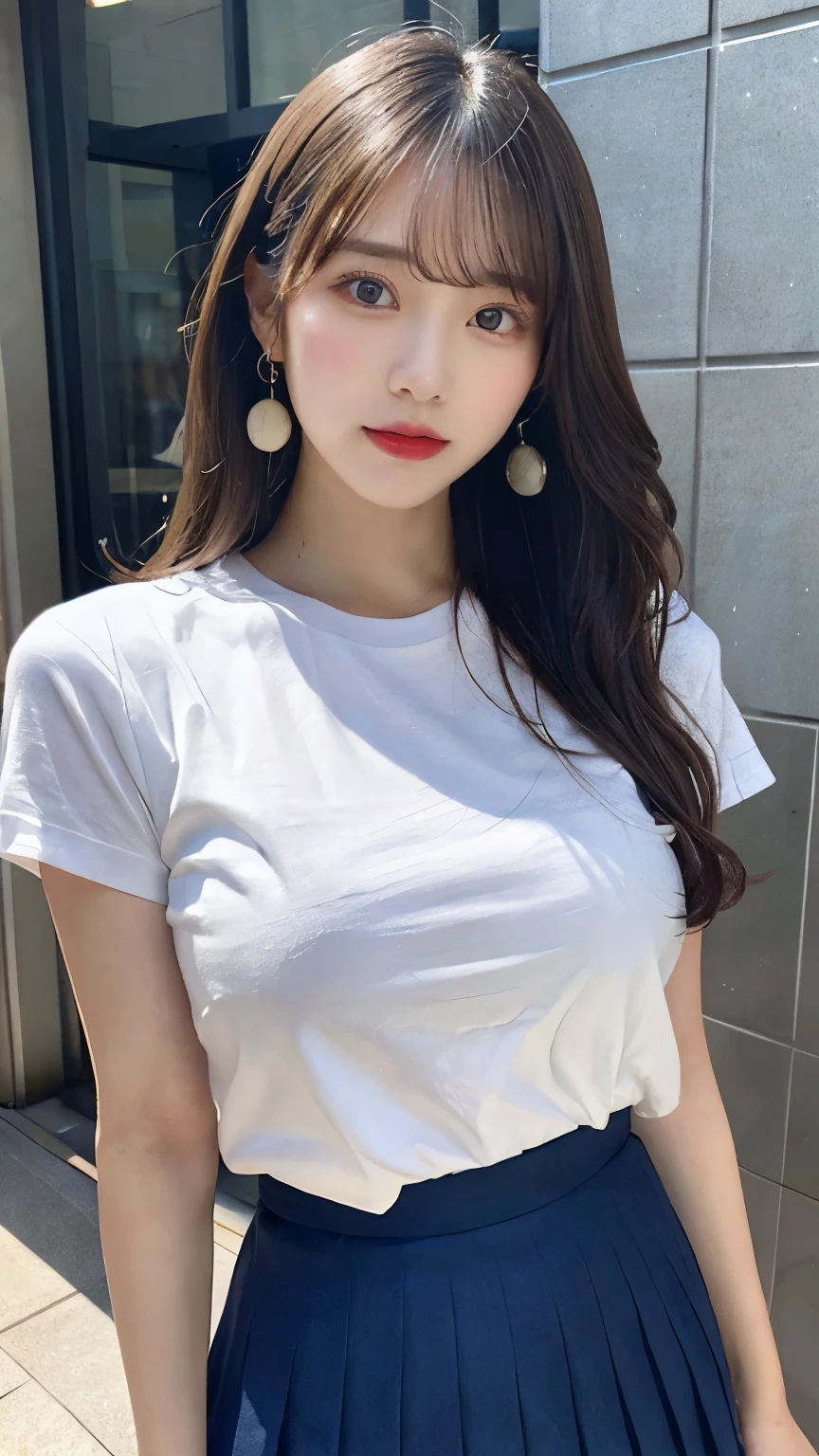 ((top quality, 8k, masterpiece: 1.3)), sensual woman, 1 girl, (slender figure: 1.2), dark brown hair, (outdoor, shirt, shorts: 1.1), ultra detailed face, detailed lips, detailed eyes, double eyelids, (huge breasts: 1.2)