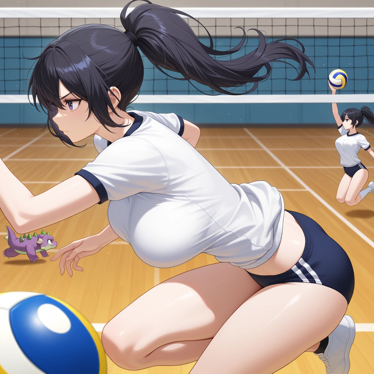 there is a woman in a black and white top and a volleyball ball, wearing a volleyball jersey, volleyball, Physically sporty, Sports bra and shorts, Sports bra and dark blue shorts, Buckshot, Service Organizations, lower angle, Tight black tank top and shorts, Japanese Model, Wearing a leotard, 白いWearing a leotard, West Shot, mayuri shiina
