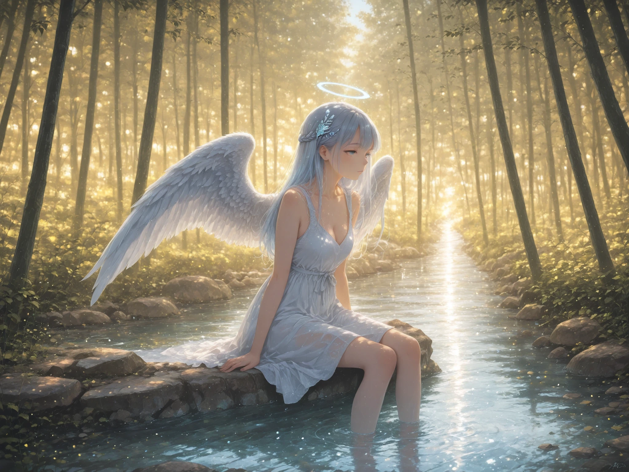 (watercolor, detailed outline), masterpiece, best quality, highly detailed, anime style, beautiful angel girl with large white feathered wings, long braided silver-blue hair with hair ornaments, sitting in shallow clear water, white dress, serene forest stream, lush green foliage, dappled sunlight, golden hour lighting, water reflections, ripples on water surface, rocks and stones, natural environment, peaceful atmosphere, soft lighting, detailed background, fantasy art, digital painting, watercolor style, photorealistic details, 4k resolution
