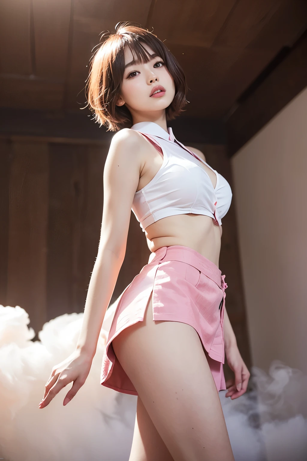 a hot ??????? image of "Hong JinYoung" on stage, big breast, wind lift up her skirt, white panties exposed, she is embarrased, detailed hairstyles, shot from below, Canon EosR5, RF 70-200, F2.8L, sharp focus
