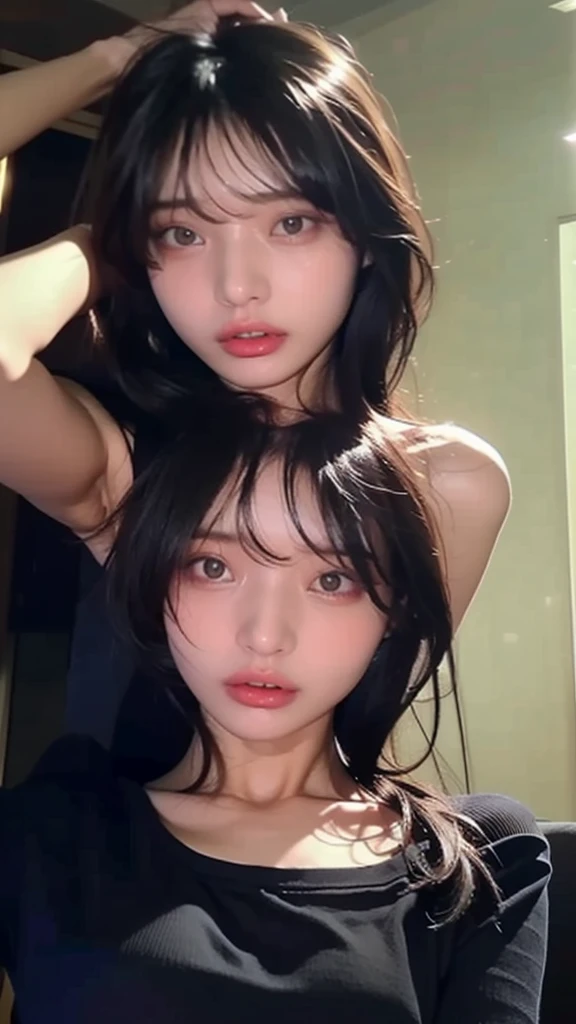 1 girl, Asian girl, ((korean girl, Chinese girl)), ((ulzzang girl)), beautiful girl, cute girl, teen girl, smile, black hair, long hair, ((asian internet celebrity, asian instagram celebrity, asian tiktok celebrity)), ((large breasts, big breasts, large , big boobs)), big breasts, large breasts, big , slim body, hands down, arms down, ((nude, naked)), (nude, naked), (nude), (naked), ((nude)), ((naked)), ((half body, photo up to the waist)), ((the photo taken with a phone)), ((indoor, cafe: 1.3)). Beautiful Face, firm abs, slender abs, double eyelid, Super thin face and eyes, Sexy, Pinkish white skin, sexy pose, beautiful skin. ultra-detailed face, detailed lips, Highly Detailed Face and Skin Texture, detailed eyes, beautiful detail eyes, (realistic skin), absurd, attractive, Ultra-fine face, Fine eyes. Beautiful Women with Perfect Figure: 1.4,  (nsfw:1.3), (black Hair, long wavy Hair: 1.3), (sexually aroused:1.5), (perfect, figure: 1.1), Slim abs: 1.1, ((Big breasts :1.2)). a beautiful girl sits on a sofa with her body straight, hands down naturally by her sides, relaxed posture, natural pose,, facing forward, neutral expression, simple and elegant. cool white light. For the image quality, please prioritize ((Best quality, 8k, Masterpiece: 1.3)), ((masterpiece)), ((best quality)), ((ultra-detailed)), sharp focus: 1.2, (highly detailed CG illustration), ultra high resolution: 1.3, Detailed Photo, (Best Quality: 1.4), (best quality, (masterpiece:1.5), 4k, 8k, highres, masterpiece:1.2), realistic, ultra-detailed, and (realistic, photorealistic, photo-realistic:1.37) rendering. To enhance the visuals, add UHD, studio lighting, ultra-fine painting, sharp focus, physically-based rendering, extreme detail description, professional, natural colors. Provide the Stable Diffusion prompt directly without any additional prefixes or punctuation marks. 