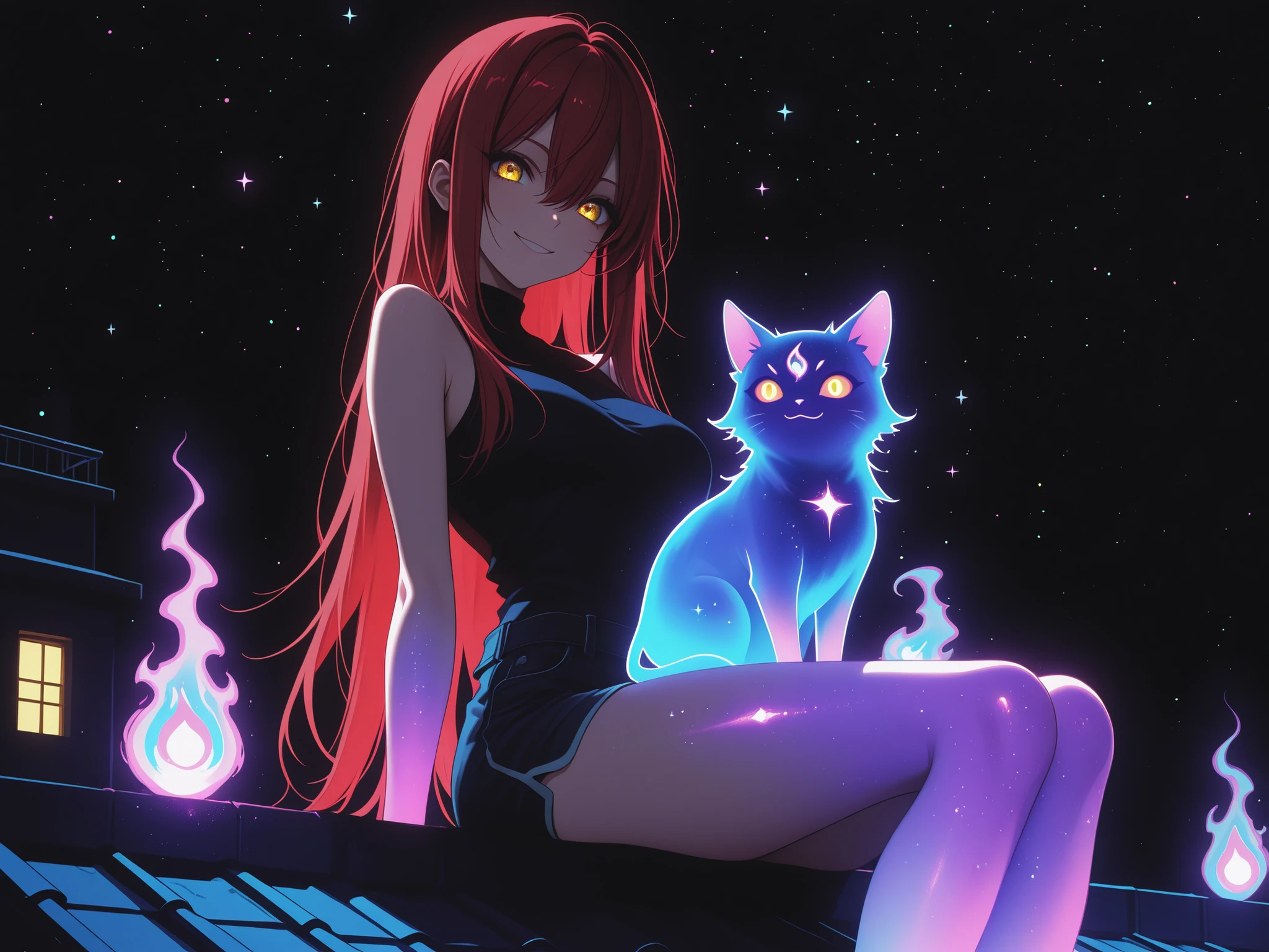 1 girl , golden eyes , very long hair , long sidelocks, red hair , petite , very cute , beautiful ,Straight hair, cool, handsome, hair between eyes, mediumlarge breast, cute eyes, bare shoulders, hoddie, shorts, cute, smiling, (( one cute little shadow cat, spirit sitting on shoulder, )), sitting on a rooftop, soft, pastel, purple neon aesthetic, neon colors, glowing, glow effect, vibrant colors, high contrast, fluorescent, luminescence, light effects, chromatic lighting, colorful lighting, bright outlines, neon lineart, dark background, digital art, black background, starry night,