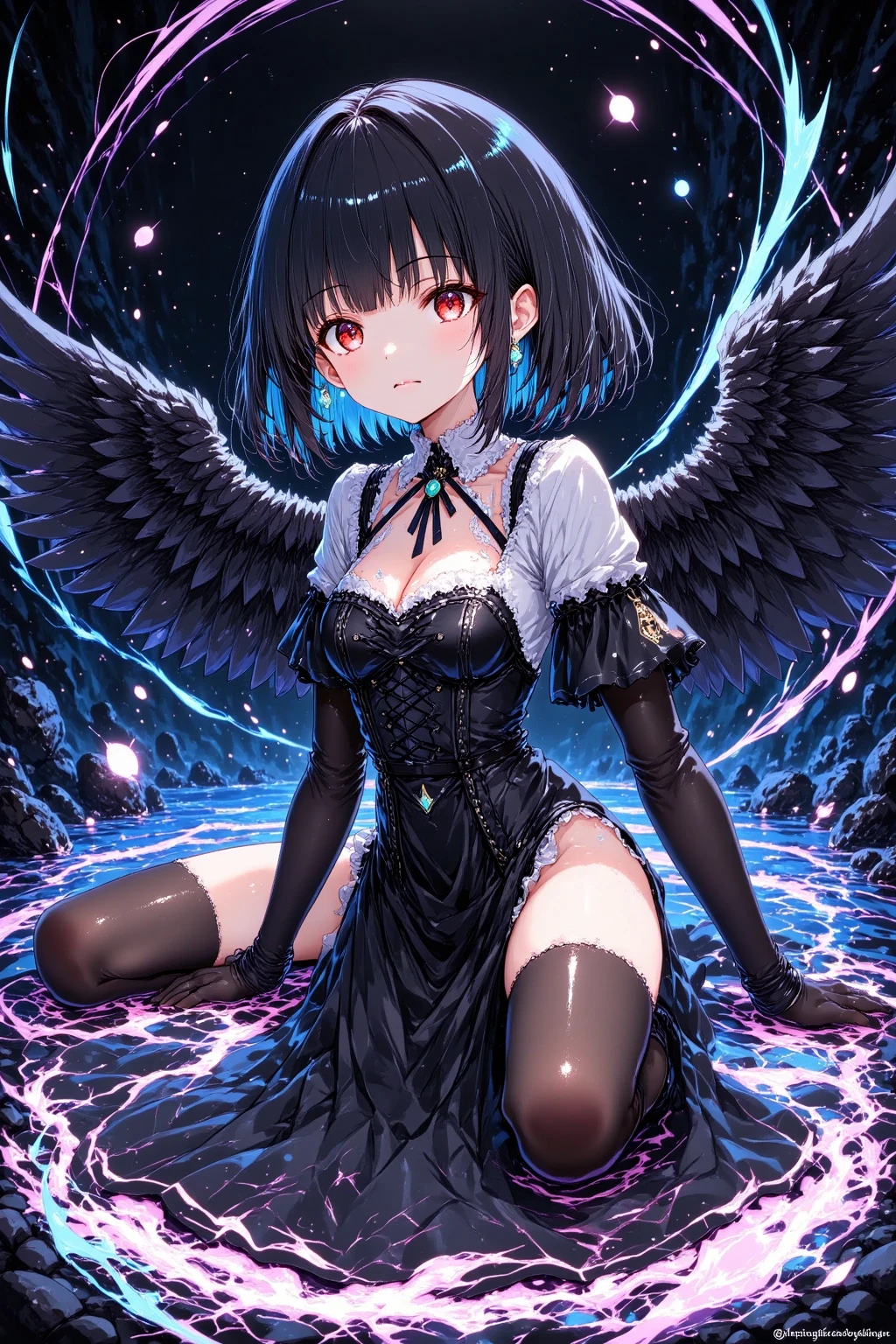 8k, masterpiece,A girl wearing darkest black clothes but little transparent, exposing her,full body,full image, perfect face symmetry,sexy looking