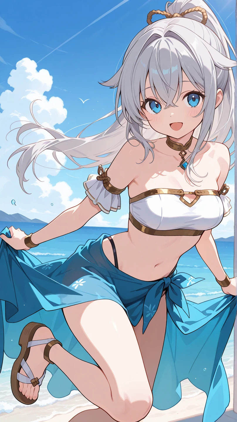 Highest quality:1.1)、(masterpiece:1.2)、(solo)、Close-up、Watching the viewer、Ocean、summer、Monastic Clothes and Feng Shui,Flowing sweat,,Umbilical cord,Girl,whole body,blue sky,Silver Hair,Elf Ears,Silver Eyes,slender
