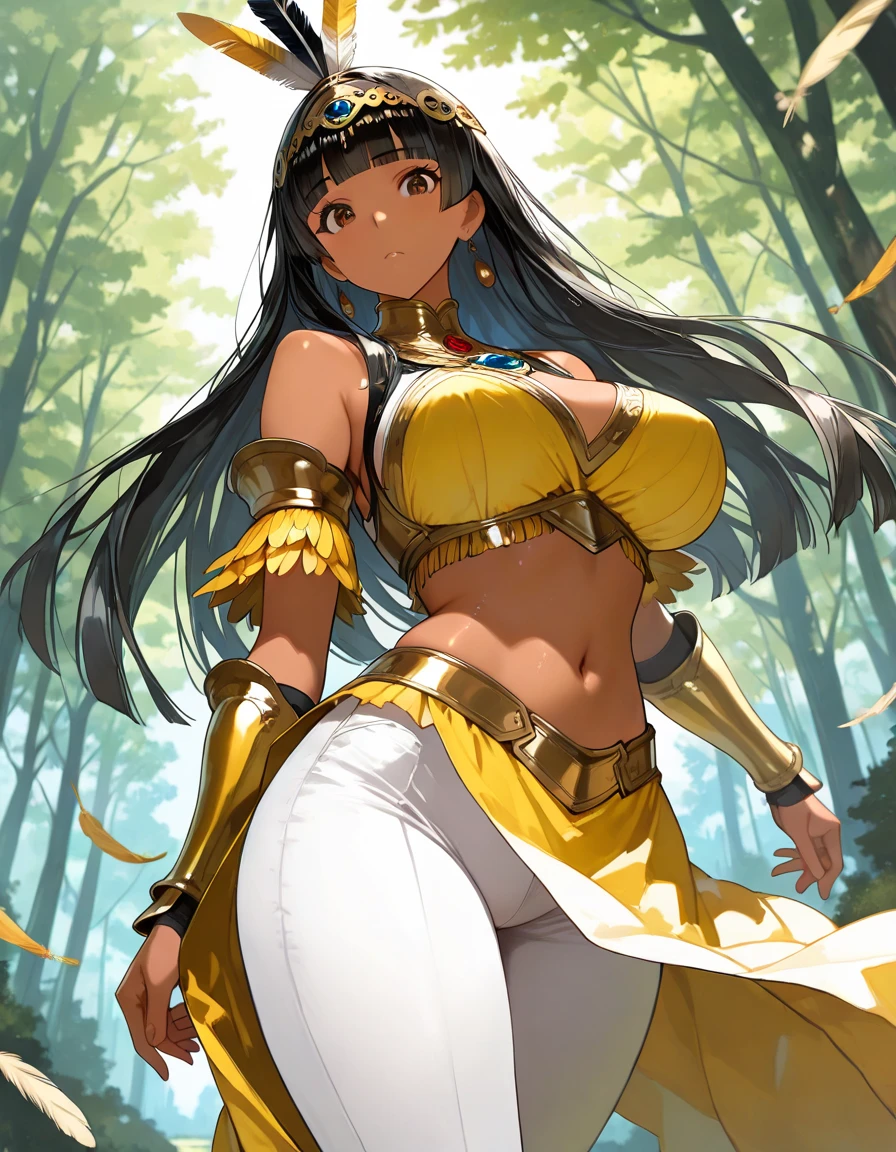 (dark brown skin:1.4), Wild Xavante India, extreme tanned skin, extreme long black straight hair messes over naked boobs, huge macaw blue parrot feather headdress, big cheeks, long legs, curvy, indigenous yellow and green breast painting, breast painted blue and yellow, indigenous yellow and green facial painting, huge macaw blue parrot feather necklace, honey eyes, full body image centered around the buxom young miller's exceptionally attractive with big breast and reavling exposed cleavage with wide hips and narrow waist and exuding an alluring and voluptuous physique that radiates warmth and sensuality, gisele bundchen, cheerfull and happy expression on her face, beautiful lips,detailed large eyes, Her eyes are a striking and inviting feature, realistic body details scar and fracture, extreme abnormally huge boobs, erotic fantasy, The image evokes feelings of sensuous eroticism, te and tranquil flower princess with soft hair dancing in the wind and intricately braided. Her sweet face has puffy, kissable lips and stunning, highly realistic eyes, hires eyes, 8k eyes, beautiful detail eyes, realistically shaded eyes, and realistic eyes in vibrant colors. She is wearing delicately detailed colourful fabric of gossamer silk and satin, midst of the most beautiful meadow in the world and is surrounded by beautiful flowers of varying sizes and colors, with delicate flowers dancing in the wind and creating a dynamic and compelling image