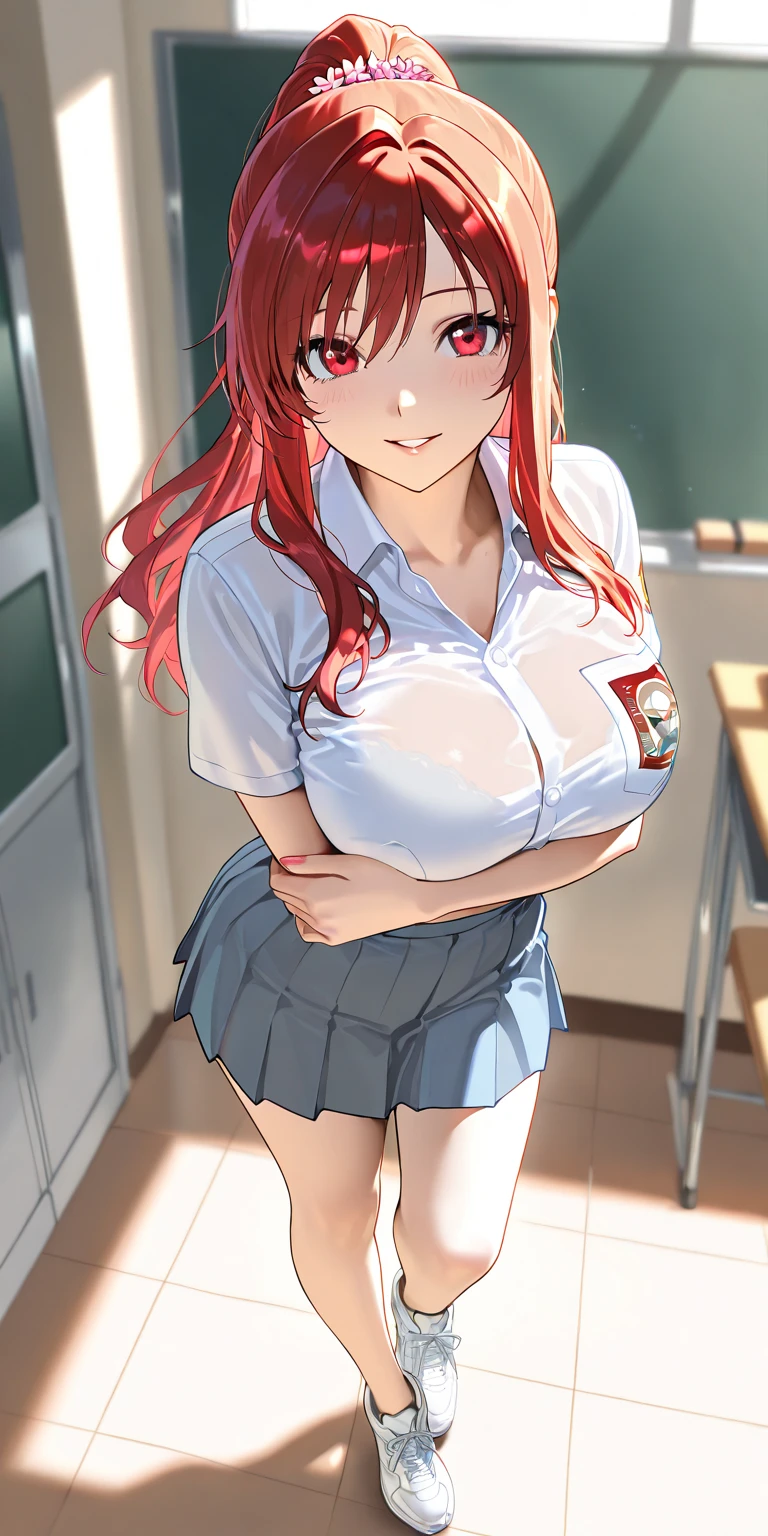 (masterpiece, top-quality:1.5, a high chroma:1.5, ultra-detailliert, high-resolution illustrations:1.5, Ultra-high-definition CG, 8k size wallpaper, offcial art), (((naked body, large breasts, pussy, nipples, nude shoulders, pale skin))), (((perfect body, perfect hands, perfect anatomy, perfect eyes))), light smile, happy, heterochromia (((left blue eye, right red eye))), (((split-color hair, red and blue hair))), ponytail hair, Cowboy Shot, girl, Colorful, masterpiece, classroom