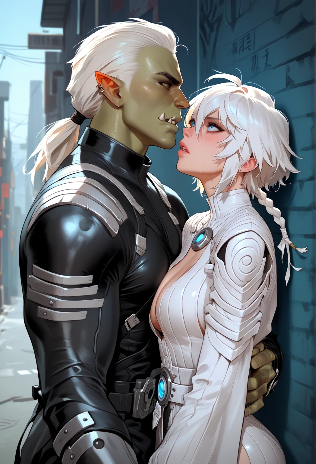 (((1girl))), sehele style, anime style, (((dark elf))) (((darkblue skin:1.6))) (((smoldering eyes))). Her ((bald head:1.5)), no hair, ((no hair)), 8k, 4k, Unreal Engine 5, octane render, trending on pixiv, ((huge shoulder pads:1.7)) fanbox, skeb, (((white armor))), masterpiece, ((8 pack abs:1.2)),(gigantic breasts:1.3), (full bodied), wide hips, (full lips:1.5), smooth soft skin, big dreamy eyes, beautiful intricate, anime wide eyes, soft lighting, concept art, digital painting,