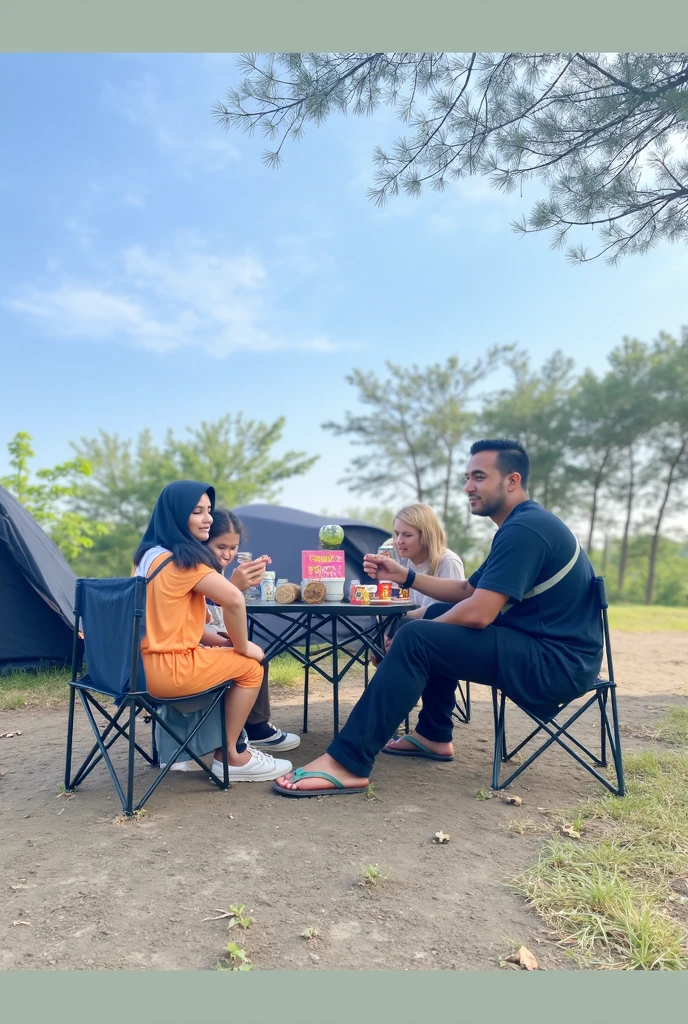 The picture depicts three people consisting of, one young Asian man with black and gray undercut hair with a stocky body, one young Asian woman wearing a hijab with a slightly fat body, one five year old Asian girl wearing a hijab with a slightly fat body, sitting in front of the tent at night. day, with the full moon visible in the sky between the tall trees. The three people's faces smiled. A woman is seen feeding a noodles from a bowl, and there are other noodle bowls on the ground along with various camping equipment such as cameras, binoculars and lanterns. This setting shows a peaceful camping scene in the forest under the moonlight.