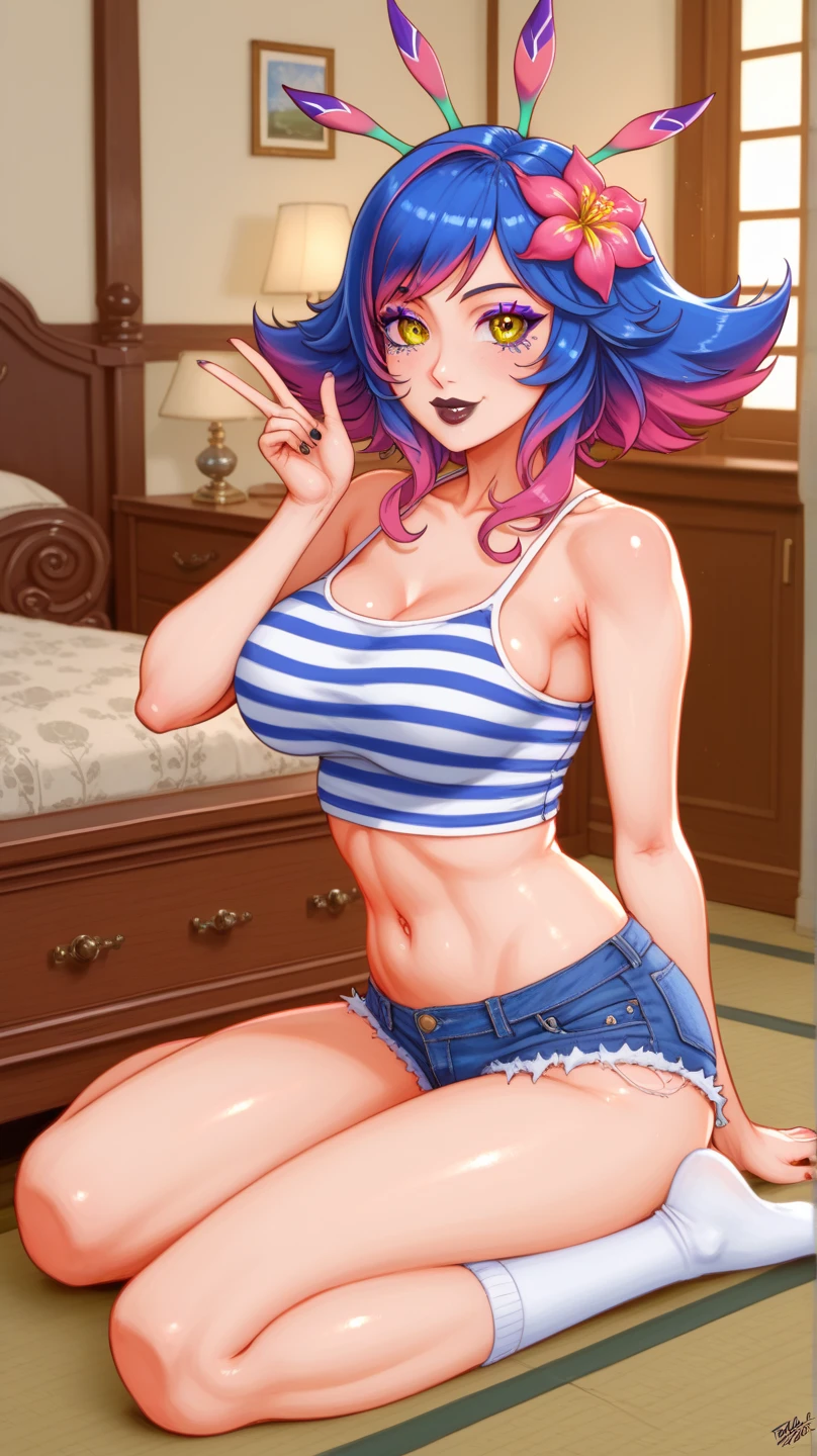 Anime style, source_anime, ((small round breasts)), (1 Girl), ((blue hair, medium and wavy hair)), pink eyes, double eyelids, light effect in the eyes, wide hips, naughty smile, ((hourglass hot perfect sexy body)), solo, best quality, masterpiece, portrait, flirting with viewer, sensual pose, detailed, perfect anatomy, detailed art, high definition, 4k , high resolution, ((crop top open underboob)), ((mini-shorts:.24)), (((lying with legs open showing pussy))),