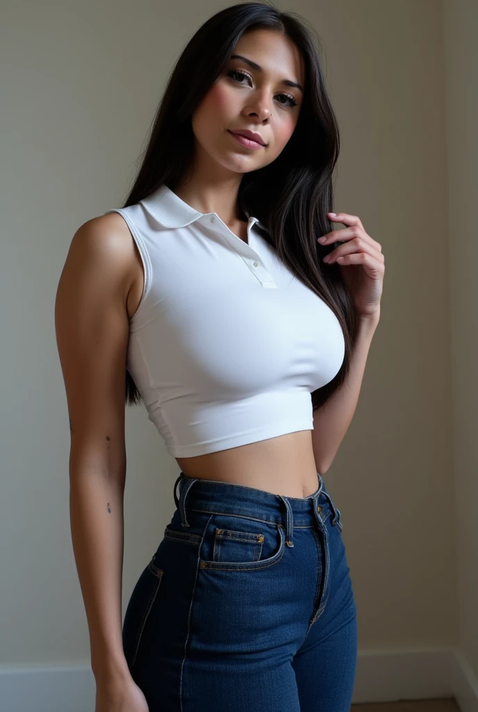 (Highest quality, 4K, 8k, High resolution, masterpiece:1.2), Very detailed, (Realistic, photoRealistic, photo-Realistic:1.37)、Japanese、smile、One Girl、Gal Makeup、(White tank top)、Denim shorts、Black choker