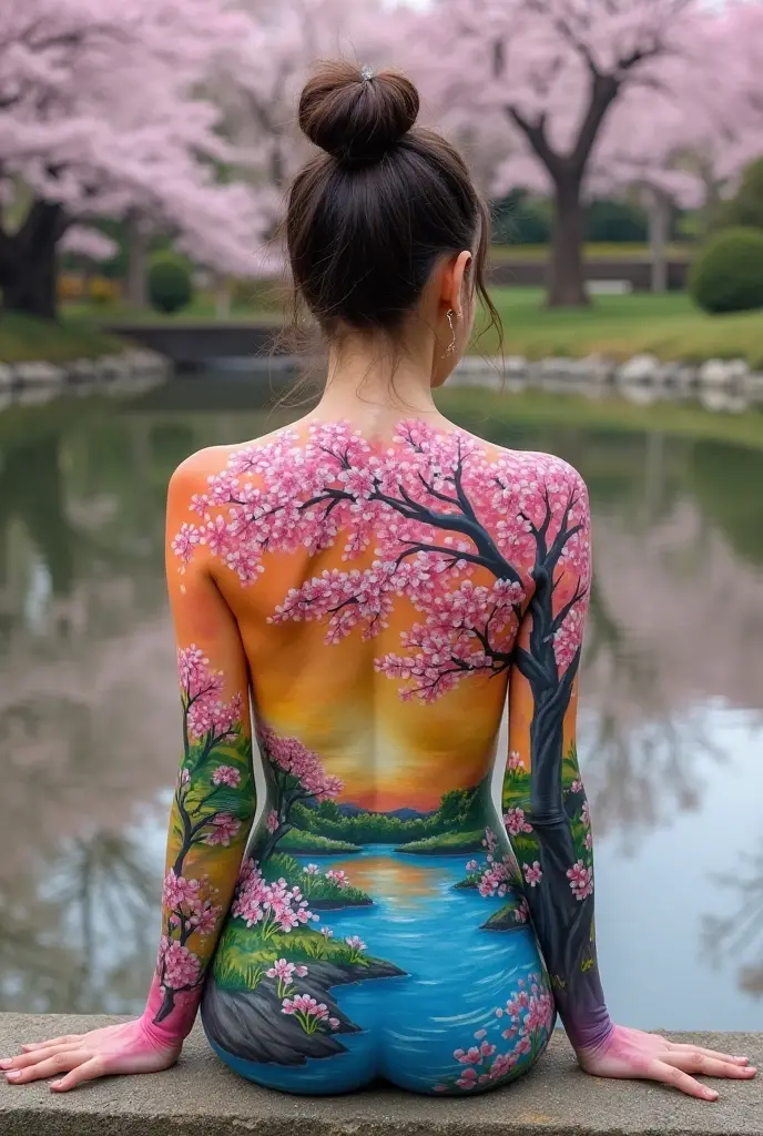 (masterpiece),(best quality), (sharp focus:1.2), (highly detailed), volumetric lighting, realistic, outdoors, a girl, (full body), (looking forward:1.2), nude,natural porous skin, skin imperfections,  (back view:1.2), (flowers tattoo) all over body, bathing in a lake, long shot