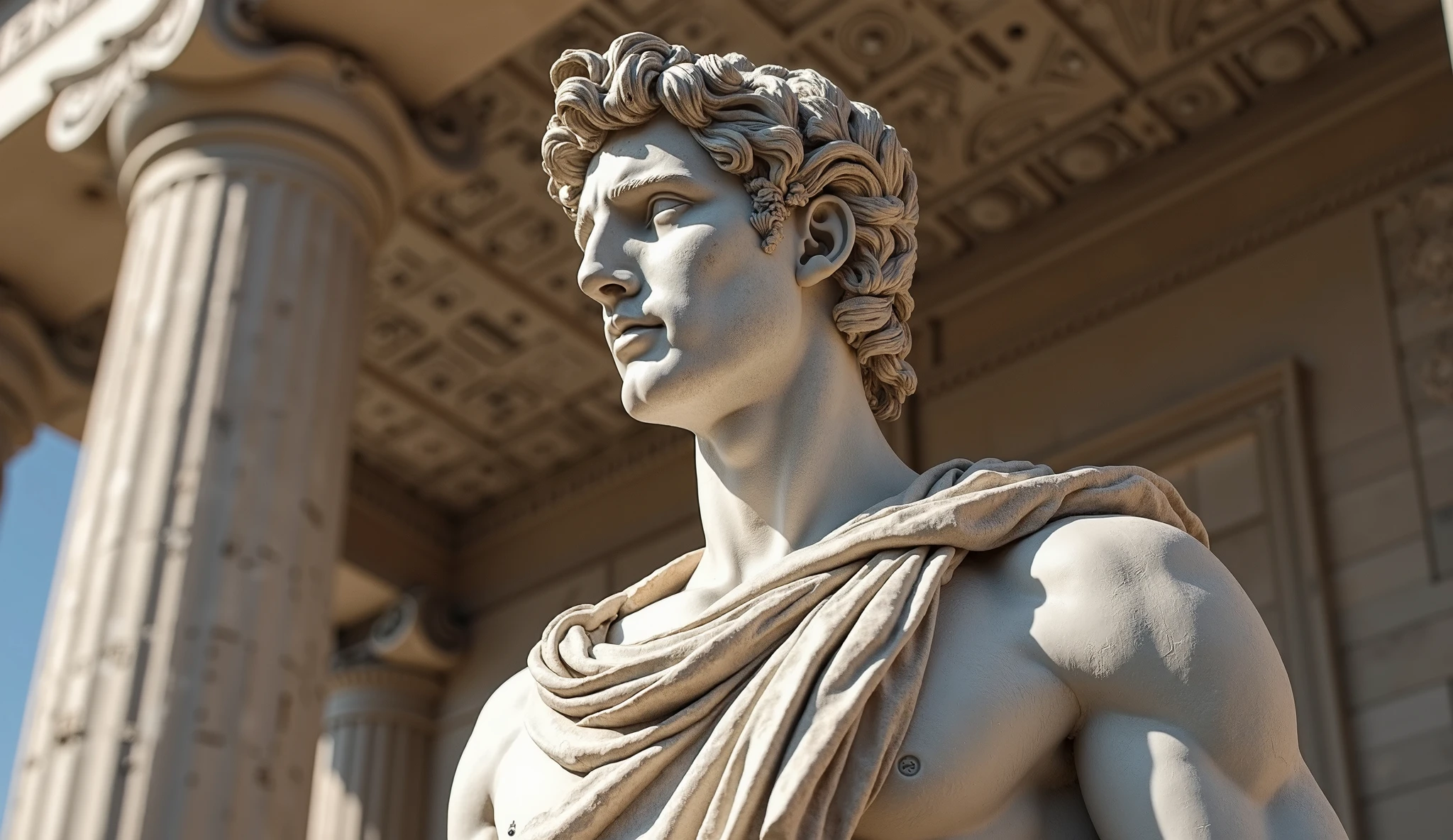 8k classical male statue, low angle perspective, noble and heroic demeanor, draped in intricately detailed toga, ornamental element on left shoulder, well-defined facial features with strong jawline and straight nose, curly voluminous hair, dramatic lighting with strong shadows, mix of warm tones and bluish highlights