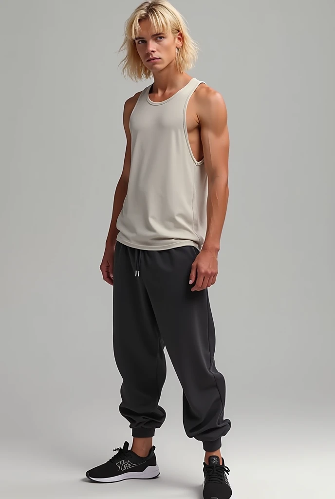 Blond man in pants with underwear on display