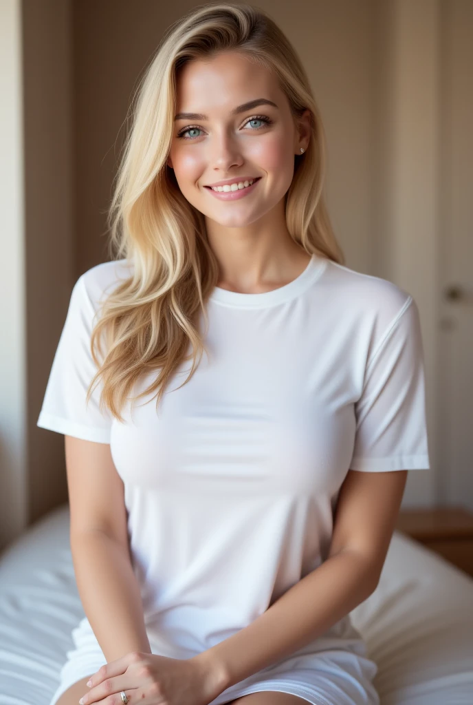 un jeune femme blonde de 20 ans hyper réaliste et ayant une grosse poitrine imposantes habillé avec un tee shirt moulant dans sa chambre, teton qui pointe, visage fin, les yeux vers la caméra, sourire sexy lumière cinématographique, (netteté), (peau mate réaliste, peau de texture réaliste, Yeux réalistes), (grain de peau visible:1.5), (haute qualité), seins enormes