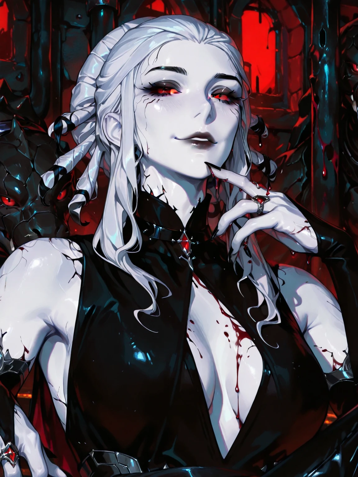 (La mejor calidad,A high resolution,Ultra - detallado,actual),(mujer demoniaca:1.1), SANGRE, VISCERA, SANGRE, GUERRA, MUERTE, infierno,fiery atmosphere,ominoso,calor abrasador,llamas al rojo vivo,devilish beauty,satanic presence,ojos rojos brillantes,gloomy shadows,abismo oscuro,almas ardientes,figuras demoniacas,alas ardientes,aura terrible,tormented spirits,almas torturadas,lava fundida,powerful energy,poderes oscuros, paisaje infernal,eternal damnation,cuernos retorcidos,risa demoniaca,calor intensowave,humo sulfuroso,magia oscura,fuego encantado,evil look,zarcillos ardientes,calor intenso,infierno ardiente,presencia amenazante,gritos sobrenaturales,devilish smile,llamas bailando,ominoso glow,(hermosos ojos azules), (fondo piedras grandes negro:1.4) , (pose vaquero ), (realistic) ,Arte detallado de alta calidad 8K, Fanart Mejor ArtStation, Fantasy art style , (cabello largo white canoso:1.4) ,(Perfect anatomy )