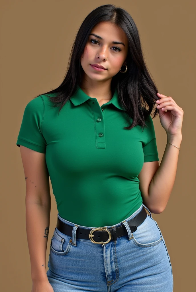 a woman in a green shirt and black jeans posing for a picture, in a dark green polo shirt, tight shirt, wearing tight shirt, suit legs, green shirt, olive green, open chest clothing, wearing a V-neck blouse, close-up of the upper body, wearing simple, tight-fitting clothes, collar shirt, splendid, fan favorite, casual green clothing