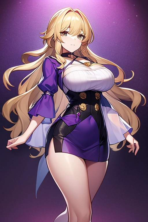 masterpiece, best quality, ultra-detailed, beautiful, nai3, 1girl, solo, full_body, tachi-e, 
yakumo_yukari, solo, 1girl, voluptuous, lace, smile, long_hair, breasts, blonde_hair, bow, large_breasts, hat, long_sleeves, ribbon, dress, hair_ornament, parted_lips, frills, hair_bow, puffy_sleeves, cleavage, short_sleeves, purple_eyes, mob_cap, wide_sleeves, hat_ribbon, gloves, purple_dress, choker, white_dress, hand_fan, ((tabard)):2, white_gloves,