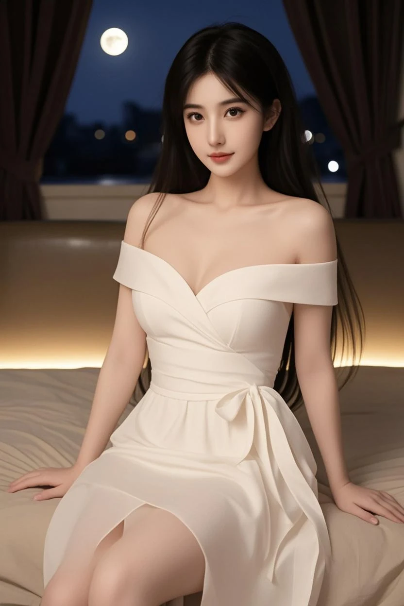 Masterpiece, best quality, high quality, 8k, UHD, Arafed a beautiful women sitting, wearing dress transparent, bed, white skin, black hair,