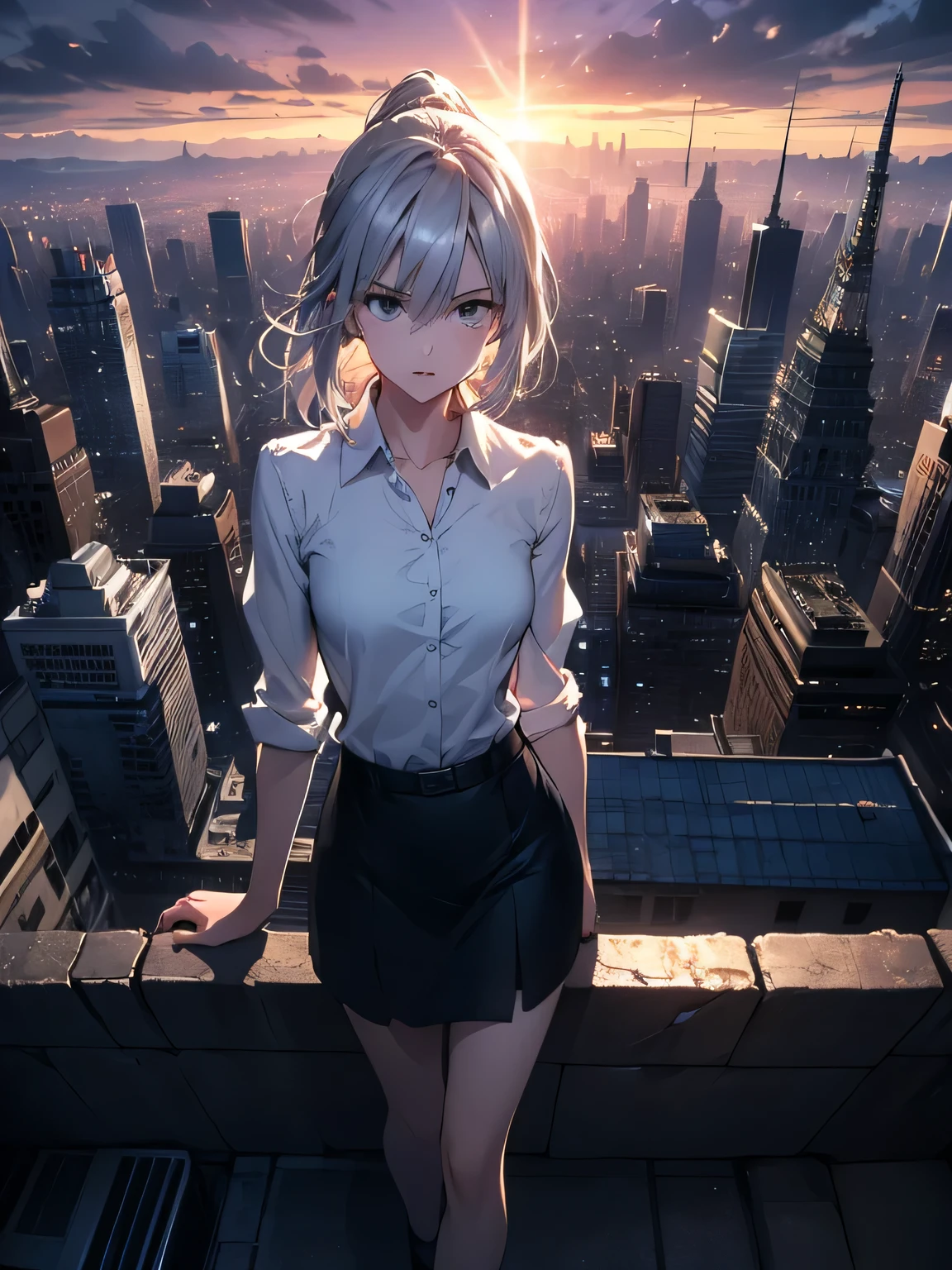 nsfw、animation、Highest image quality、high resolution、Woman standing on the roof of a high-rise building、composition looking down from above、Gentle expressions、adult expression、(((Slender Body)))、((bluish silver hair))、semi-long hair、ponytail、A straight nose、small breasts、light blue camisole、blue leather tight skirt、mini skirt、Big city dusk、at dusk、blue-purple sky 、Strong backlight、The wind is blowing、cyber city、a futuristic city
