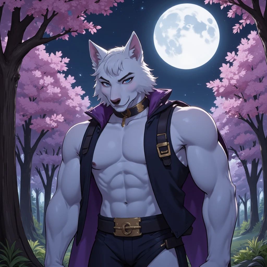 ((best quality)), ((masterpiece)), White long haired werewolf , male , Upper body naked, Slim body, Black body , White belly , White Face , An erect crotch , White Japanese loincloth , Gentle eyes, Red eye makeup , Seductive pose, Moonlit Japanese town with cherry blossoms , whole body