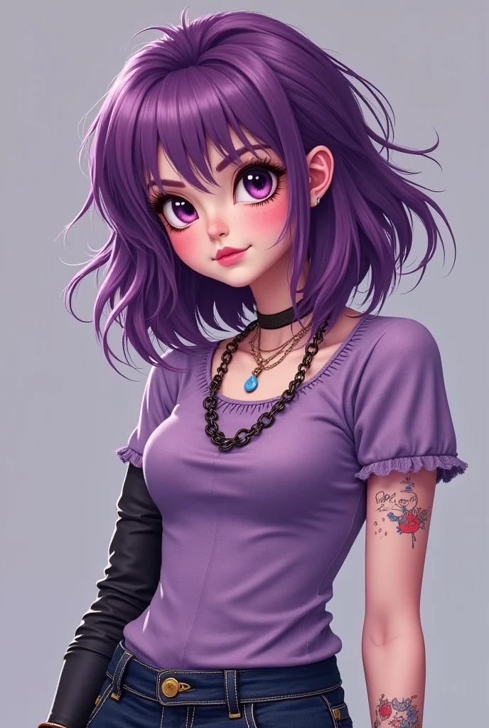 (masterpiece, best quality, absurdres), 1girl, solo, purple hair, short hair, inverted bob, streaked hair, purple eyes, small breasts, narrow waist, long eyelashes, punk, upper body, straight-on, looking at viewer, head tilt, head back, piercing, ear piercing, lips piercing, nose piercing, naughty face, grin, spiked collar, spiked bracelet, tattoo, makeup, mascara, black eyeliner, black eyeshadow, lipstick, purple lips, torn clothes, torn shirt, t-shirt, black, leather jacket, spikes, off shoulder, brick wall, graffiti, mural, outdoors, night, against wall, denim skirt, navel piercing, sexually suggestive